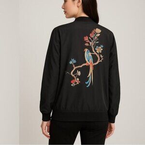 Nanette Lepore Black Bomber Jacket Embroidered Bird & Floral Design Size XS